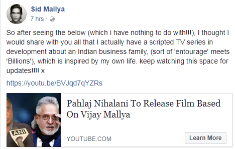 Sid Mallya FB announcement