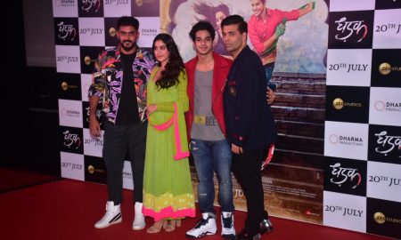 Ishaan Khatter, Janhvi Kapoor, Shashank Khaitan and Karan Johar at the Dhadak Trailer Launch